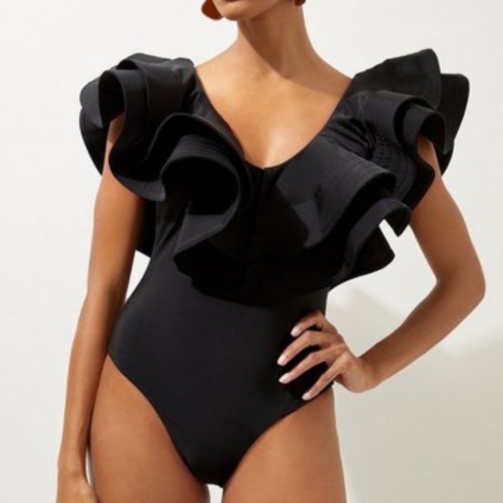 Karen Millen Drama Frill Swimsuit - black